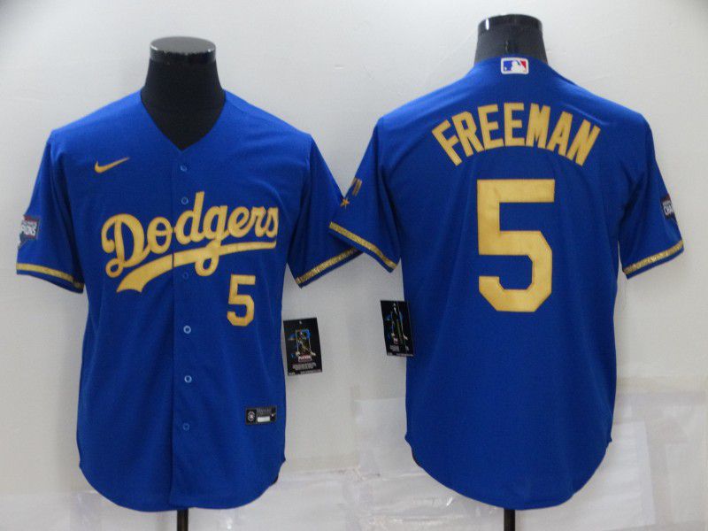 Men Los Angeles Dodgers 5 Freddie Freeman Blue Gold Nike Game 2022 MLB Jersey